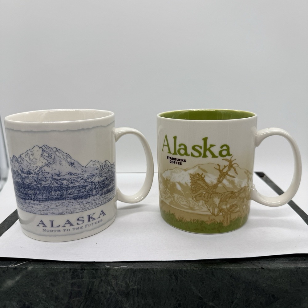 Starbucks Alaska Mug Lot 2 18oz Coffee Cups 2007 2011 Bear Caribou Collector
